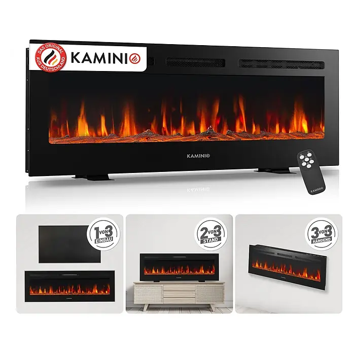 Elektrischer Kamin KAMINIO Marlon 50 - 11,9 x 127 x 46,6 cm, Schwarz - Schwarzer Elektrokamin mit Flammen und Fernbedienung, als Einbau-, Stand- und Wandmodell gezeigt.