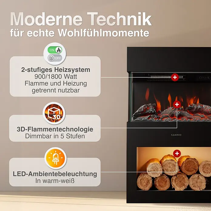 Elektrischer Kamin KAMINIO Henri - 21,7 x 48 x 75 cm, Schwarz - Ein moderner schwarzer Elektrokamin mit realistischem Flammeneffekt, Stauraum für dekorative Holzscheite und hervorgehobenen Heiz-, 3D-Flammen- und LED-Beleuchtungsfunktionen.