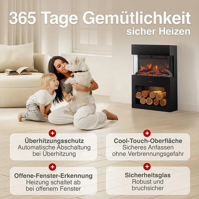 Elektrischer Kamin KAMINIO Henri - 21,7 x 48 x 75 cm, Schwarz - Schwarzer KAMINIO Kaminofen mit Flammeneffekt in gemütlichem Wohnzimmer, Familie davor. Sicher Heizen mit Überhitzungsschutz.