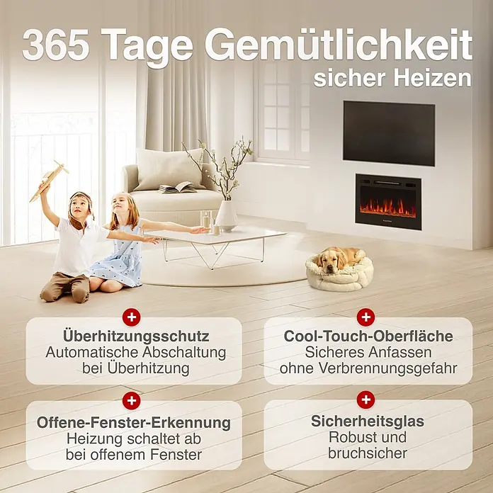 Elektrischer Kamin KAMINIO Marlon 30 - 11,9 x 72 x 46,6 cm, Schwarz - Einbau-Elektrokamin in einem Wohnzimmer, sicher und gemütlich für Familie und Haustiere dargestellt.