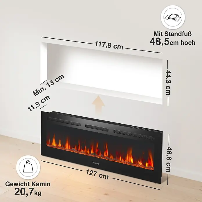 Elektrischer Kamin KAMINIO Marlon 50 - 11,9 x 127 x 46,6 cm, Schwarz - Schwarzer Elektrokamin mit realistischen Flammen, inklusive Installationsmaßen und Gewicht. Zeigt auch Höhe mit optionalem Standfuß an.