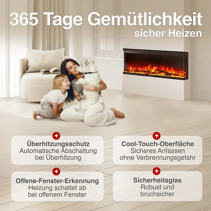 Elektrischer Kamin KAMINIO Lea 42 - 20 x 106,7 x 43 cm, Schwarz - Moderner Elektrokamin mit realistischen Flammen im Familienwohnzimmer. Sichere Funktionen: Cool-Touch, Sicherheitsglas, Abschaltautomatik.