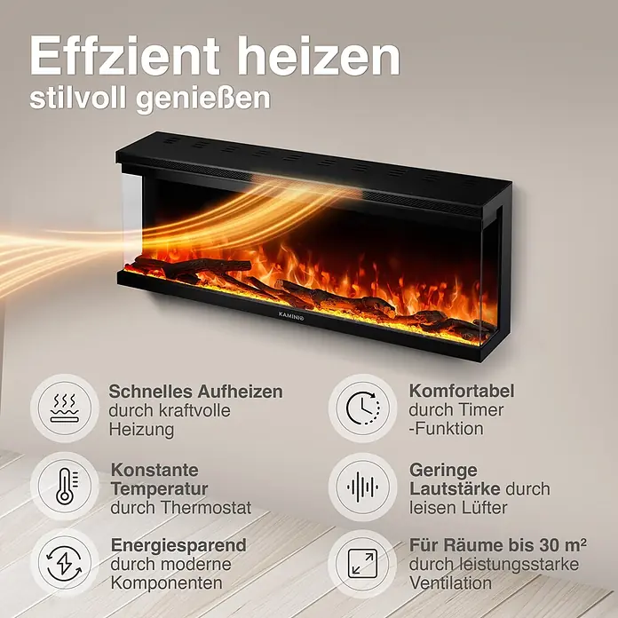 Elektrischer Kamin KAMINIO Lea 42 - 20 x 106,7 x 43 cm, Schwarz - Schwarzer Elektrokamin mit künstlichen Flammen, Holzscheiten und Hitzewellen, der effizientes und stilvolles Heizen mit Hauptfunktionen hervorhebt.
