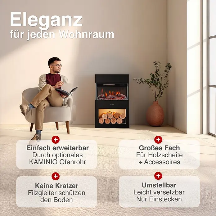 Elektrischer Kamin KAMINIO Henri - 21,7 x 48 x 75 cm, Schwarz - Schwarzer Elektrokamin mit simulierten Flammen und Holzscheitablage in einem modernen Wohnzimmer.