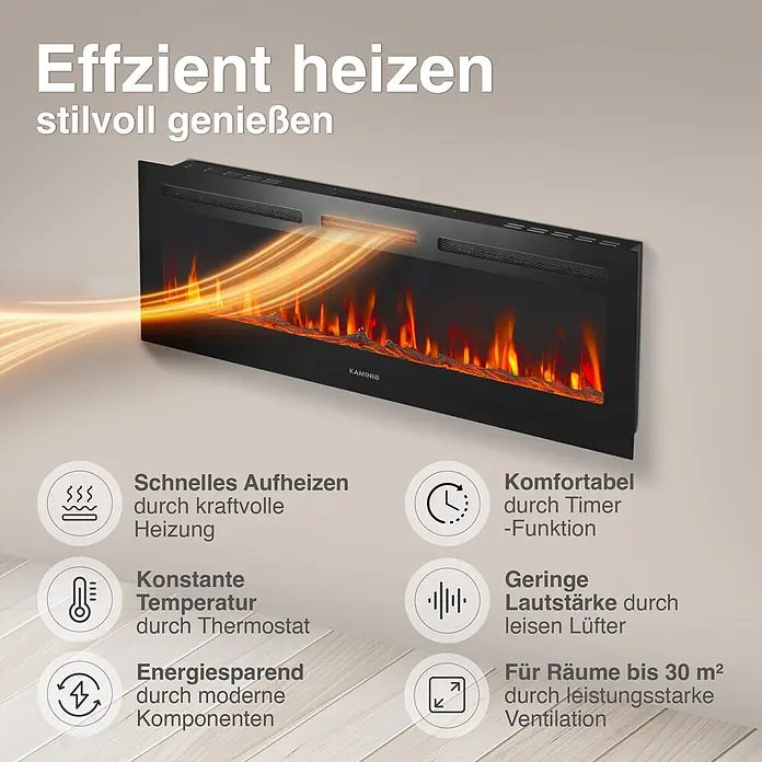 Elektrischer Kamin KAMINIO Marlon 50 - 11,9 x 127 x 46,6 cm, Schwarz - Schwarzer Wand-Elektrokamin, der Wärme und realistische Flammen abgibt und effiziente Heizfunktionen hervorhebt.