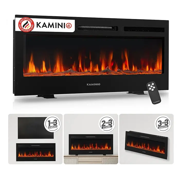 Elektrischer Kamin KAMINIO Marlon 42 - 11,9 x 107 x 46,6 cm, Schwarz - Schwarzer Elektrokamin mit realistischen Flammen, Fernbedienung und drei Installationsmöglichkeiten: Einbau, Stand oder Wandmontage.