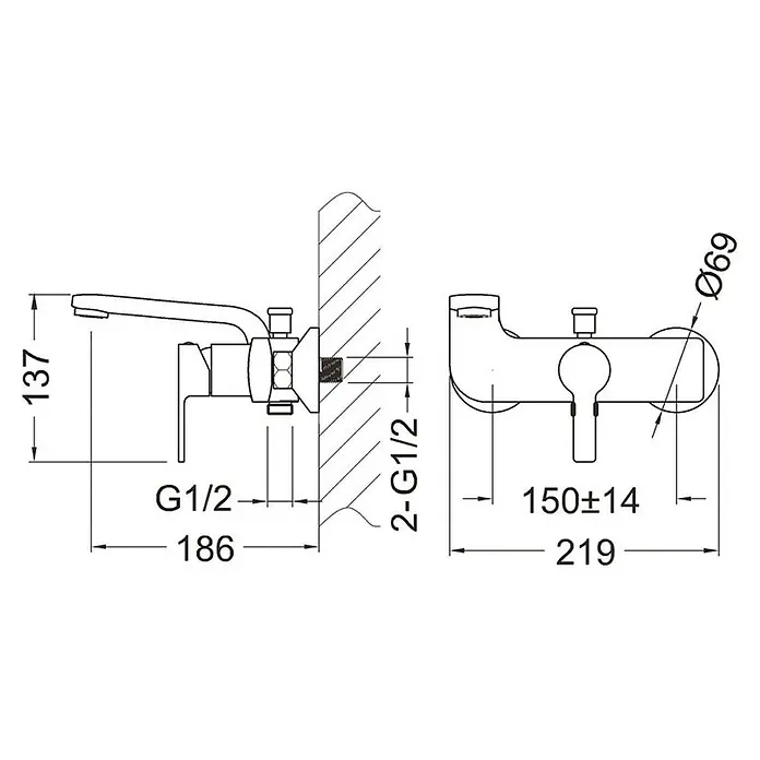 Beitz & Walz Badewannenarmatur Beitz & Walz - Chrom - Wandmontierte Mischbatterie: Technische Zeichnung mit Maßen.