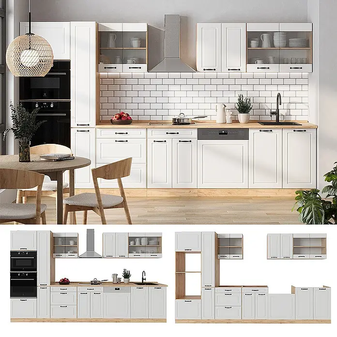 Vicco Küchenzeile R-Line Weiß Landhaus/Goldkraft Eiche, AP Eiche - Weiß Landhaus, Ohne Elektrogeräte - Weiße Modulküche mit HolzArbeitsplatten, schwarzen Griffen und integrierten Geräten.