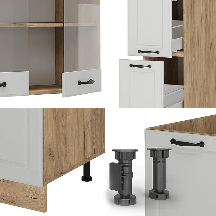 Vicco Küchenzeile R-Line Weiß Landhaus/Goldkraft Eiche, AP Eiche - Weiß Landhaus, Ohne Elektrogeräte - Modulare Küchenschrankelemente: weiße Türen, Holzrahmen, schwarze Griffe und verstellbare graue Sockelfüße.