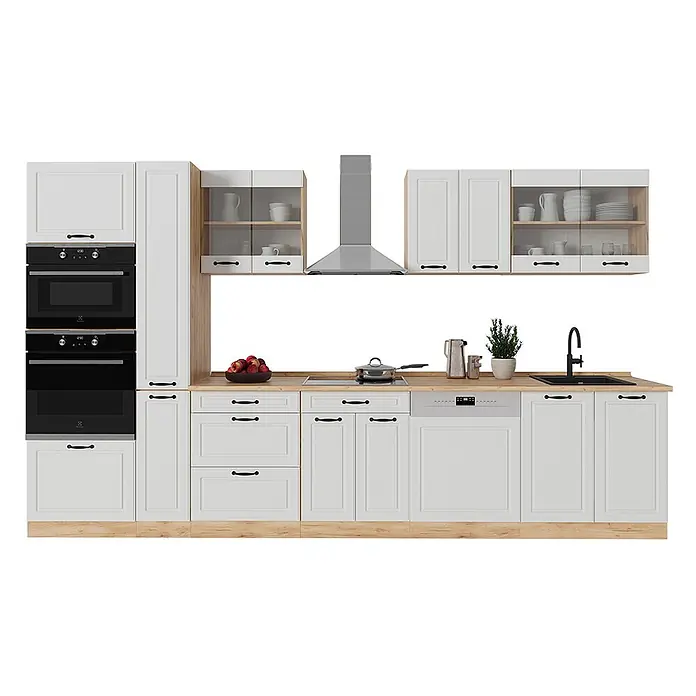Vicco Küchenzeile R-Line Weiß Landhaus/Goldkraft Eiche, AP Eiche - Weiß Landhaus, Ohne Elektrogeräte - Weiße Küche mit hellen Holz-Arbeitsplatten, integrierten Öfen, Kochfeld, Spüle und Geschirrspüler, mit Dunstabzugshaube.