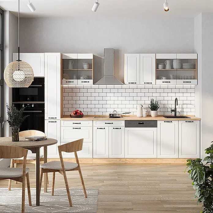 Vicco Küchenzeile R-Line Weiß Landhaus/Goldkraft Eiche, AP Eiche - Weiß Landhaus, Ohne Elektrogeräte - Helle, moderne Küche mit weißen Schränken, hellen Holztheken und integrierten Geräten.