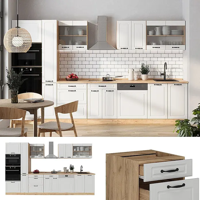 Vicco Küchenzeile R-Line Weiß Landhaus/Goldkraft Eiche, AP Eiche - Weiß Landhaus, Ohne Elektrogeräte - Moderne weiße Küche mit Holztheken und schwarzen Griffen, mit Einbaugeräten und viel Stauraum.