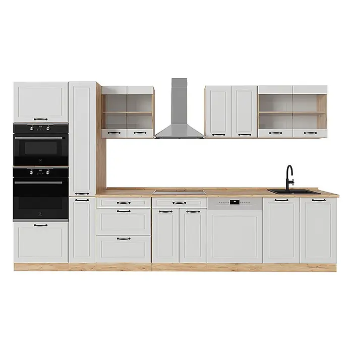 Vicco Küchenzeile R-Line Weiß Landhaus/Goldkraft Eiche, AP Eiche - Weiß Landhaus, Ohne Elektrogeräte - Moderne weiße Küchenschränke mit Holz-Arbeitsplatten, integrierten schwarzen Öfen, Kochfeld, Geschirrspüler, Spüle und Edelstahl-Dunstabzugshaube.