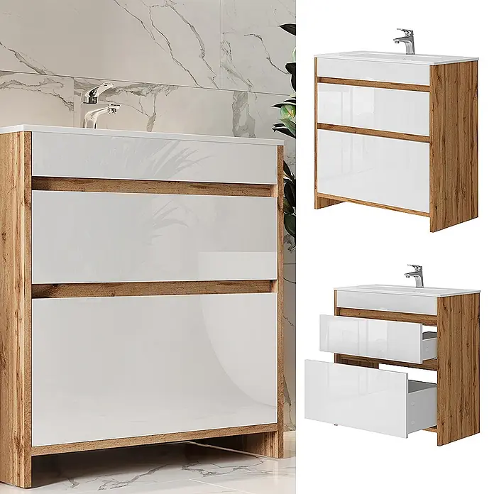 Vicco Badmöbel-Set Detmold Goldkraft Eiche 2 Teile, Unterschrank 80 cm - Goldkraft Eiche, Glänzend - Moderne Badmöbel mit Holzoptikrahmen und weißen Hochglanzschubladen, inklusive Waschbecken. Geöffnet und geschlossen dargestellt.