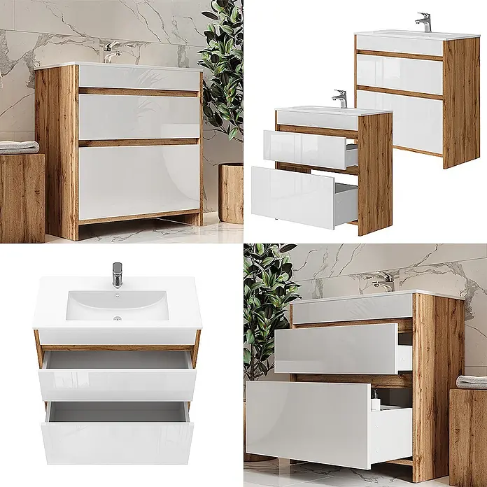 Vicco Badmöbel-Set Detmold Goldkraft Eiche 2 Teile, Unterschrank 80 cm - Goldkraft Eiche, Glänzend - Moderne Waschtischunterschrank mit integriertem Waschbecken, weißen Hochglanzfronten und hellem Holzdekorrahmen, mit zwei Auszügen.