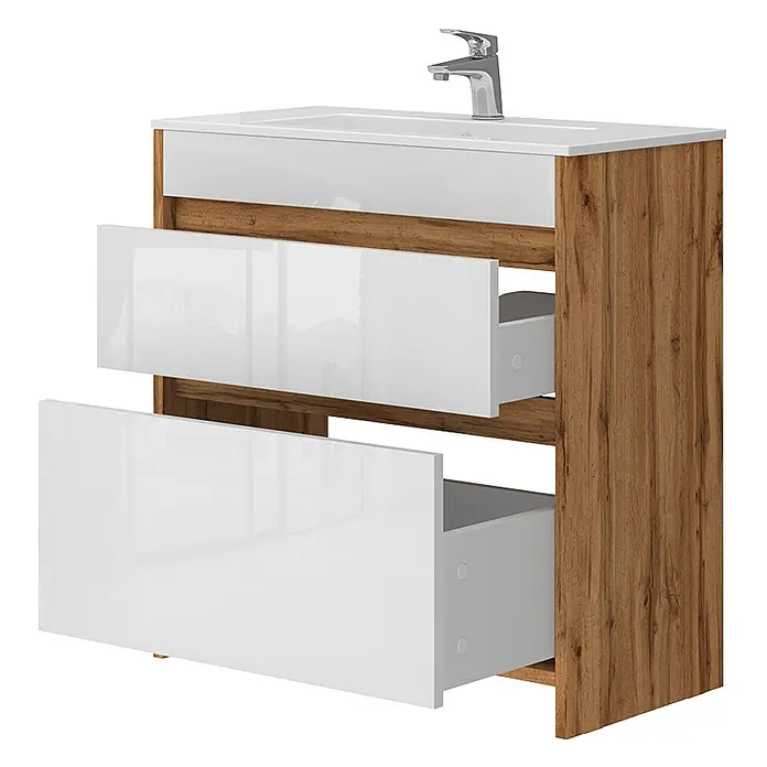 Vicco Badmöbel-Set Detmold Goldkraft Eiche 2 Teile, Unterschrank 80 cm - Goldkraft Eiche, Glänzend - Badezimmermöbel aus Holz mit weißem Waschbecken und glänzend weißen Schubladen, zwei Schubladen geöffnet.