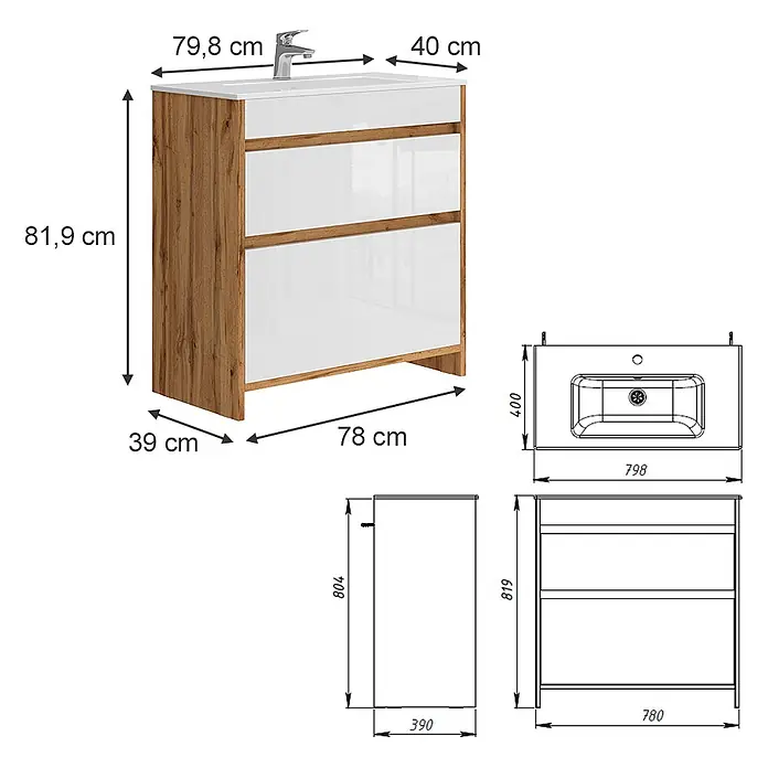 Vicco Badmöbel-Set Detmold Goldkraft Eiche 2 Teile, Unterschrank 80 cm - Goldkraft Eiche, Glänzend - Holzfarbener Badunterschrank mit weißen Hochglanzfronten und integriertem Waschbecken.