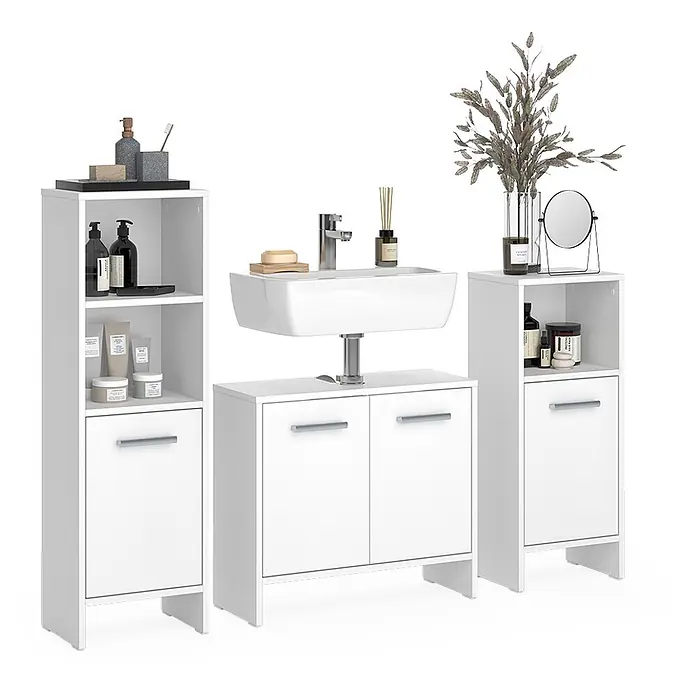Vicco Badmöbel-Set Karli Weiß 3-teilig - Weiß, Matt - Weißes minimalistisches Badmöbel-Set mit Waschbeckenunterschrank und zwei hohen Aufbewahrungsschränken.