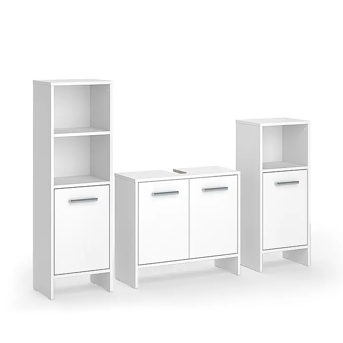 Vicco Badmöbel-Set Karli Weiß 3-teilig - Weiß, Matt - Weißes Badmöbel-Set: zwei Hochschränke mit Regalen/Türen und ein Doppelwaschtischunterschrank.