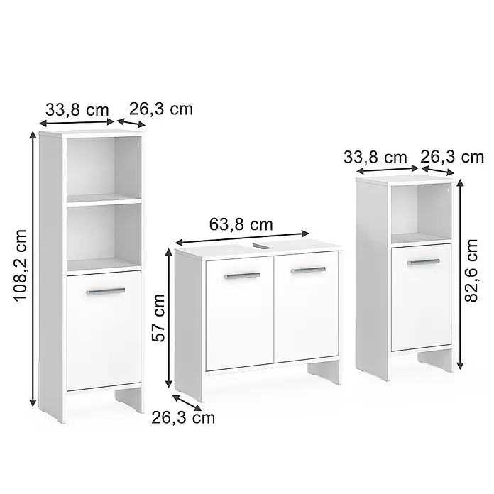 Vicco Badmöbel-Set Karli Weiß 3-teilig - Weiß, Matt - Weißes Badmöbel-Set: Hochschrank, Doppelwaschtischunterschrank und Beistellschrank, mit detaillierten Maßen.