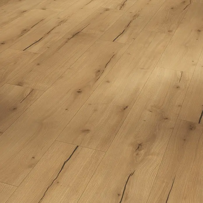 Parador Designboden Modular One - Eiche Cortina natur, Landhausdiele, 1.285 x 194 x 8 mm - Hellbrauner Holzboden mit natürlicher Maserung und dunklen Ästen.