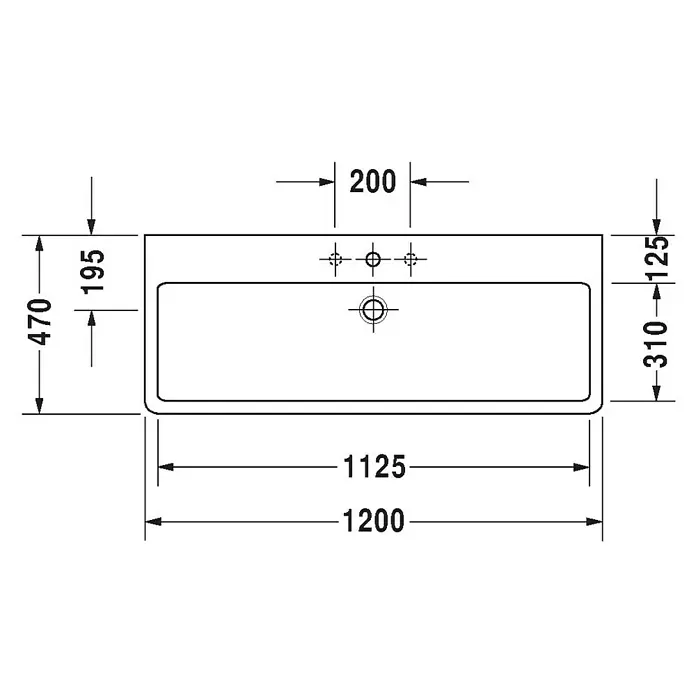 Duravit Vero Waschtisch - 120 x 47 cm, Ohne Spezialglasur, Hahnloch: Mitte, Mit Überlauf, Weiß, Ungeschliffen - Technische Zeichnung eines Waschbeckens mit Maßangaben zu Länge, Breite und Position der Armaturen.