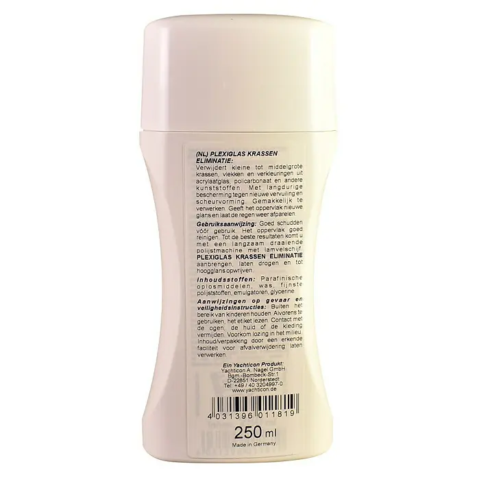 Yachticon Eliminador de arañazos de vidrio acrílico - Líquida, 250 ml - Removedor de arañazos Yachticon Plexiglas, botella de 250 ml, para eliminar arañazos e impurezas del vidrio acrílico y otros plásticos.