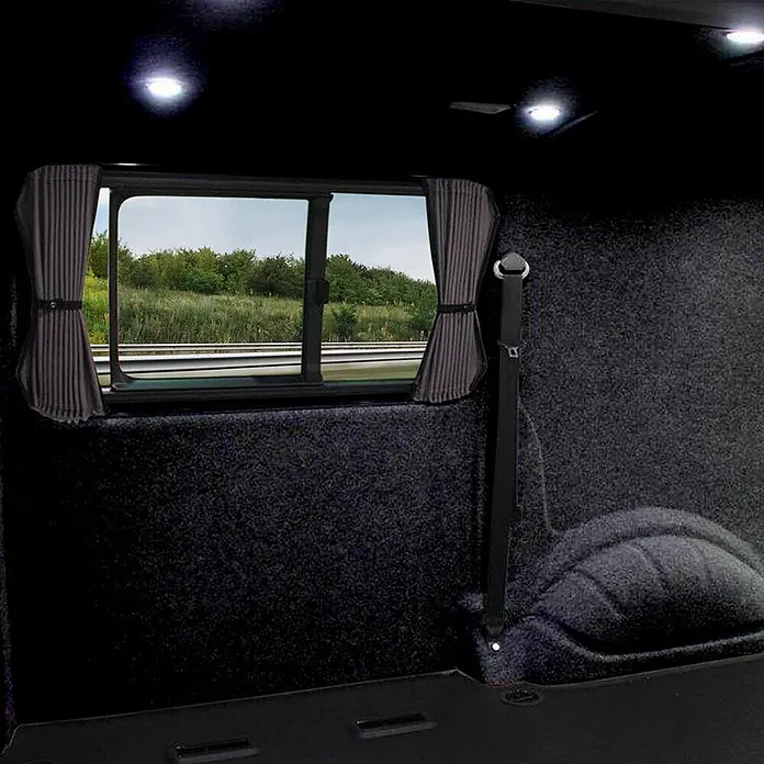 Floordirekt Nadelfilz Meterware Superflex - Heimwerkervlies - Schwarz - 200 x 100 cm - Breite: 200 cm, Filz, Schwarz - Dunkelgrau ausgekleideter Transporter-Innenraum mit Seitenfenster, passenden Vorhängen, Gurt und integrierter Beleuchtung.