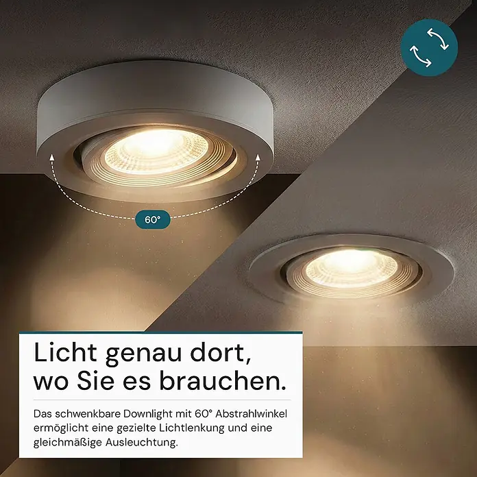 Luxula LED-Einbauleuchten-Set rund - 5 W, Weiß - Ein hellgraues, schwenkbares LED-Downlight mit 60° einstellbarem Abstrahlwinkel für gezielte Beleuchtung, an einer Decke montiert.