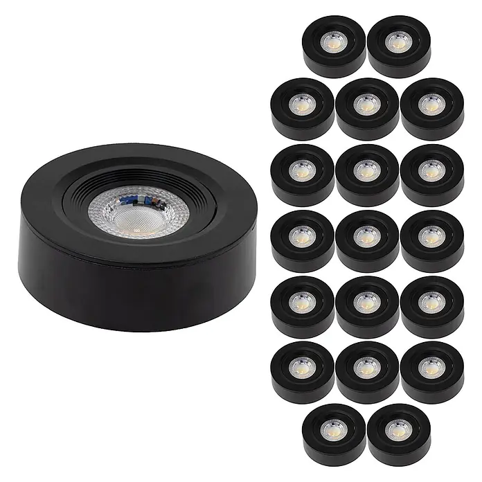 Luxula LED-Einbauleuchten-Set rund - 5 W, Schwarz - Satz von 18 runden, schwarzen LED-Puck-Leuchten. Eine Leuchte ist vergrößert neben 17 kleineren gezeigt.