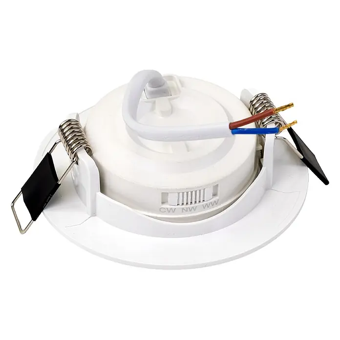 Luxula LED-Einbauleuchten-Set rund - 5 W, Weiß - Weiße LED-Einbauleuchte mit CCT-Schalter (CW, NW, WW), Kabeln und Federklammern für die Deckenmontage.