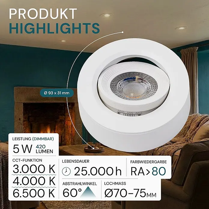 Luxula LED-Einbauleuchten-Set rund - 5 W, Weiß - Weißer dimmbarer LED-Einbaustrahler mit einstellbarer Farbtemperatur, hervorgehoben mit technischen Daten.