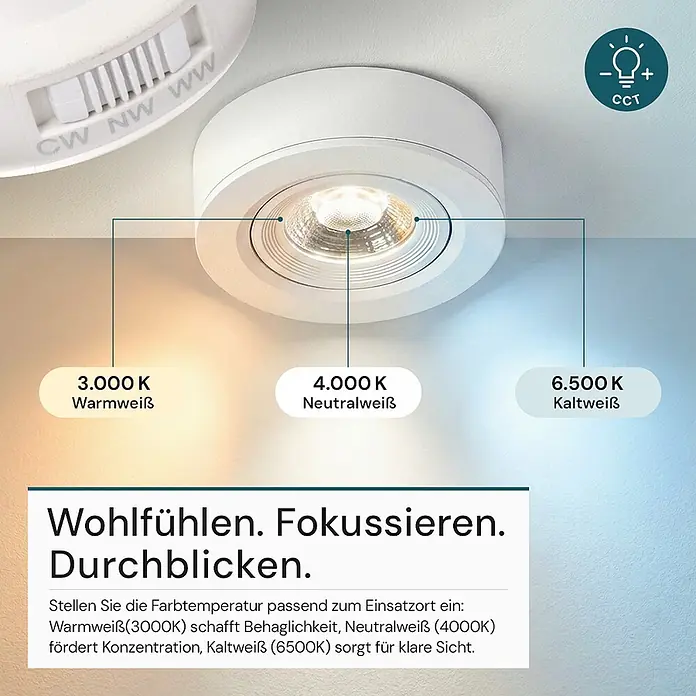 Luxula LED-Einbauleuchten-Set rund - 5 W, Weiß - Weißer einstellbarer LED-Einbaustrahler, der warmes (3000K), neutrales (4000K) und kaltes (6500K) Licht zeigt.