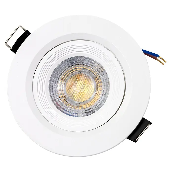Luxula LED-Einbauleuchten-Set rund - 5 W, Weiß - Weißer runder LED-Einbaustrahler mit sichtbarer Lichtquelle, Anschlusskabeln und Federklemmen zur Installation.