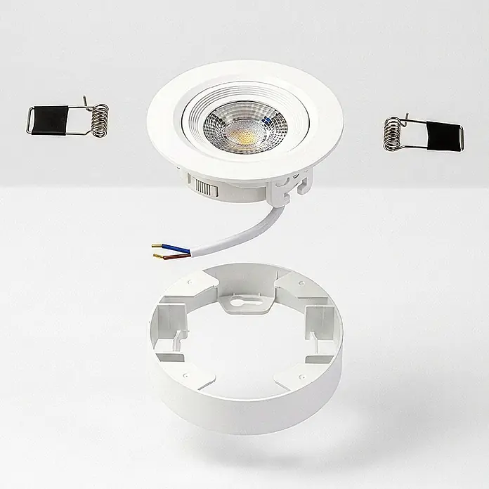 Luxula LED-Einbauleuchten-Set rund - 5 W, Weiß - Weißer LED-Einbaustrahler mit integriertem COB-Licht, Montagewinkel und Federklammern zur Installation.