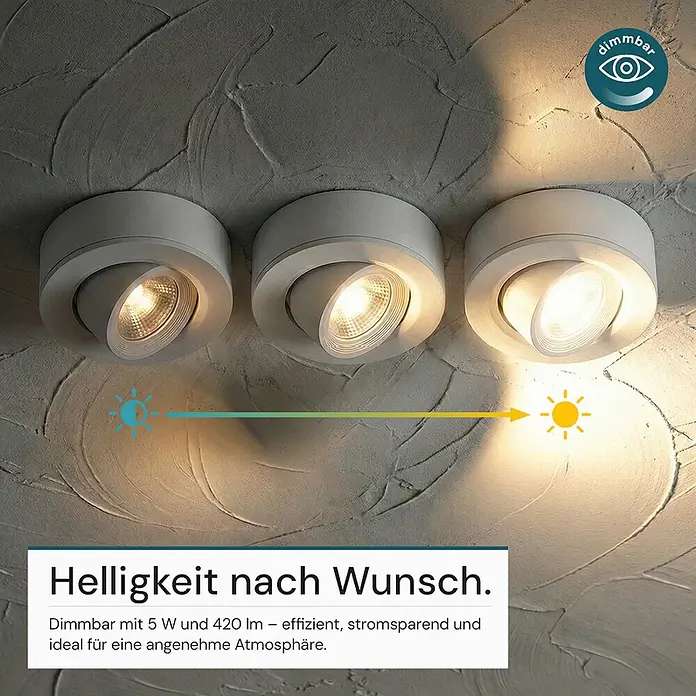 Luxula LED-Einbauleuchten-Set rund - 5 W, Weiß - Drei weiße, verstellbare LED-Strahler an der Decke, die dimmbares Licht demonstrieren.