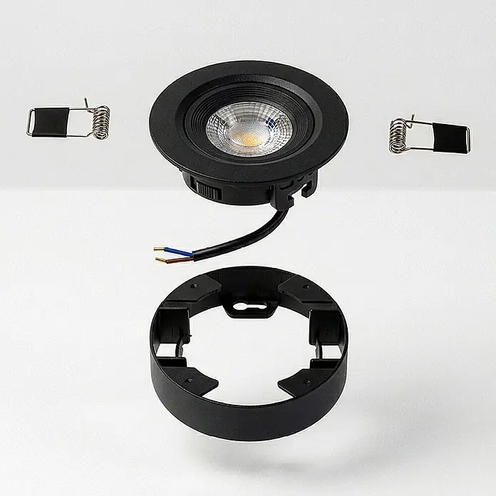 Luxula LED-Einbauleuchten-Set rund - 5 W, Schwarz - Schwarze LED-Einbauleuchte, zerlegt, mit separatem Montagerahmen und Federklammern.
