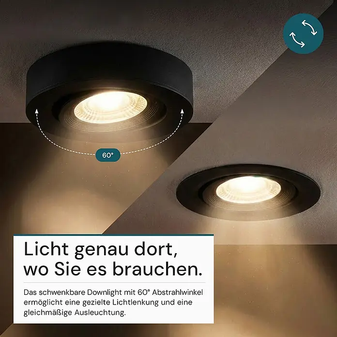 Luxula LED-Einbauleuchten-Set rund - 5 W, Schwarz - Schwarzer schwenkbarer Downlight an der Decke, der seine 60°-Schwenkfunktion für gezielte und gleichmäßige Ausleuchtung zeigt.
