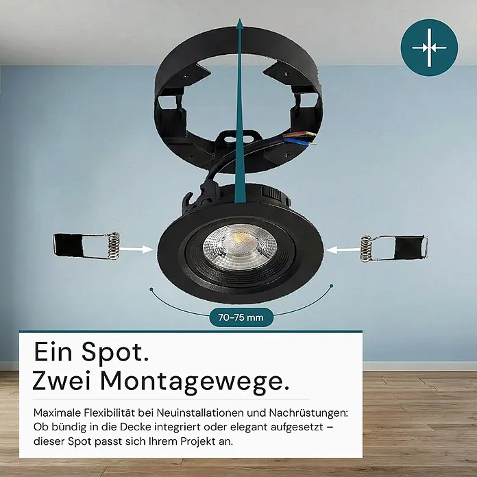 Luxula LED-Einbauleuchten-Set rund - 5 W, Schwarz - Schwarzer Einbaustrahler mit Federklammern und Montagebügel. Zeigt flexible Installation (bündig/aufgesetzt) für 70-75mm Ausschnitte.