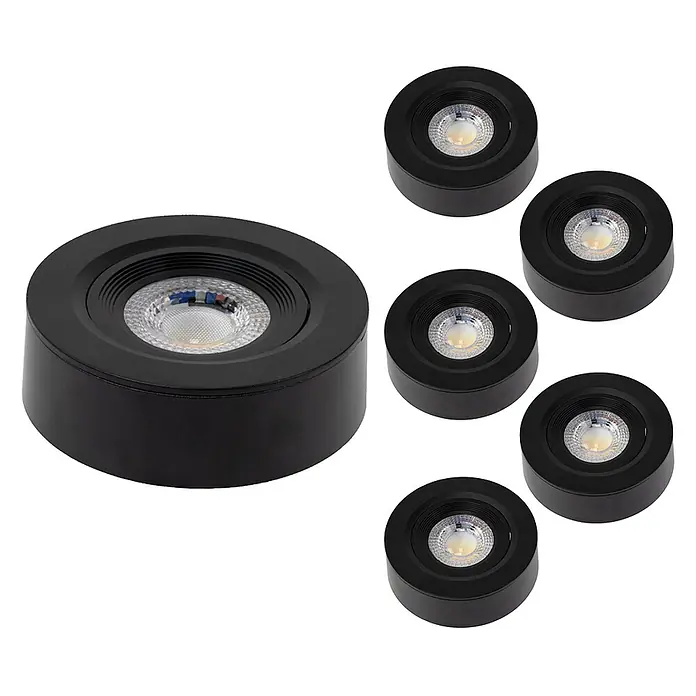 Luxula LED-Einbauleuchten-Set rund - 5 W, Schwarz - Set schwarzer, runder Aufbau-LED-Spots mit sichtbarer integrierter Lichtquelle.