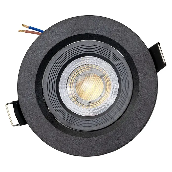 Luxula LED-Einbauleuchten-Set rund - 5 W, Schwarz - Schwarzer LED-Einbaustrahler mit sichtbarer warmweißer Lampe und elektrischen Kabeln.
