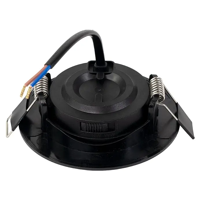 Luxula LED-Einbauleuchten-Set rund - 5 W, Schwarz - Schwarzer Einbau-LED-Strahler mit integrierten Kabeln und Federklammern zur Deckenmontage.