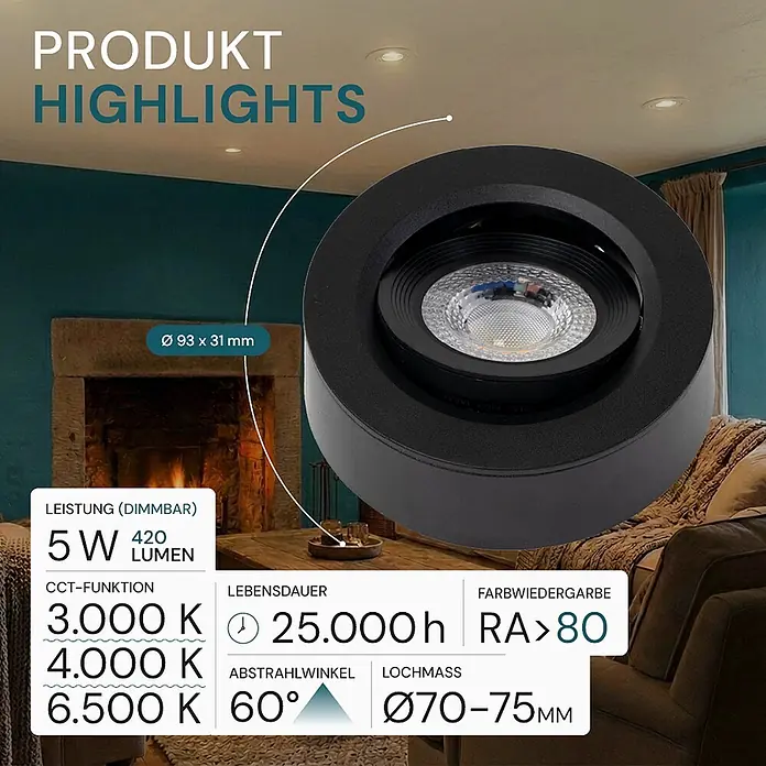 Luxula LED-Einbauleuchten-Set rund - 5 W, Schwarz - Schwarzer LED-Einbaustrahler mit detaillierter Ansicht der Lichtquelle, geeignet für Deckenmontage.