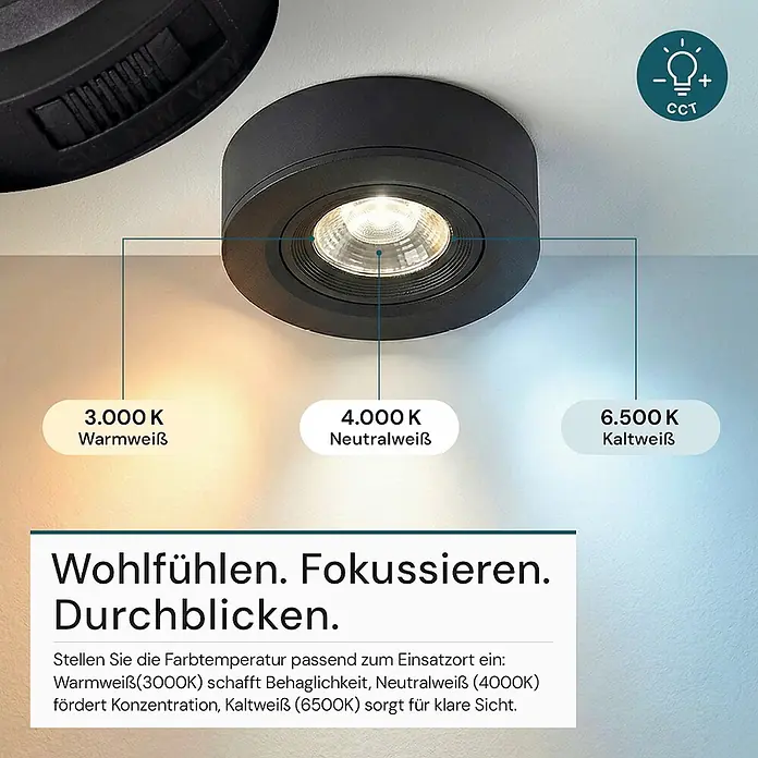 Luxula LED-Einbauleuchten-Set rund - 5 W, Schwarz - Schwarzer runder CCT-LED-Strahler, Farbtemperatur von warmweiß bis kaltweiß einstellbar.