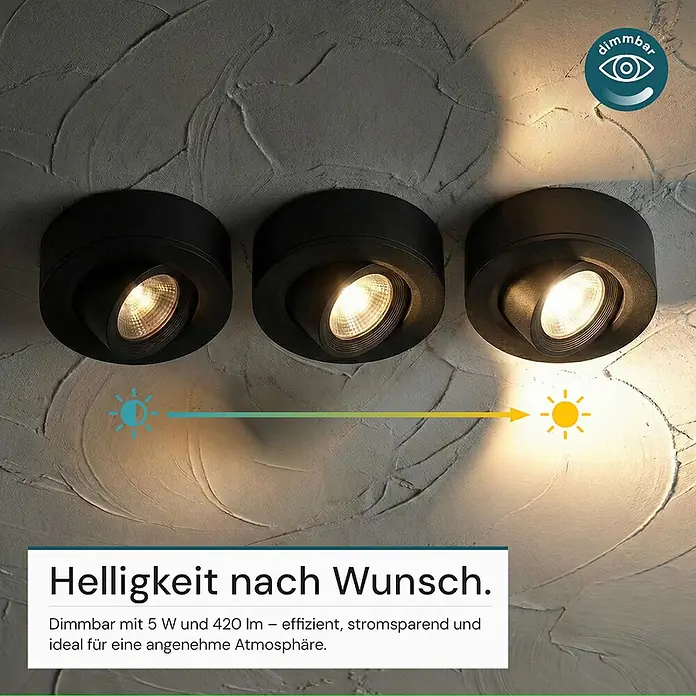 Luxula LED-Einbauleuchten-Set rund - 5 W, Schwarz - Drei schwarze, verstellbare Deckenstrahler, die dimmbares Licht von geringer zu hoher Intensität zeigen.
