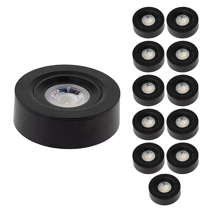 Luxula LED-Einbauleuchten-Set rund - 5 W, Schwarz - Satz schwarzer runder LED-Unterbauleuchten mit weißer Lichtquelle.