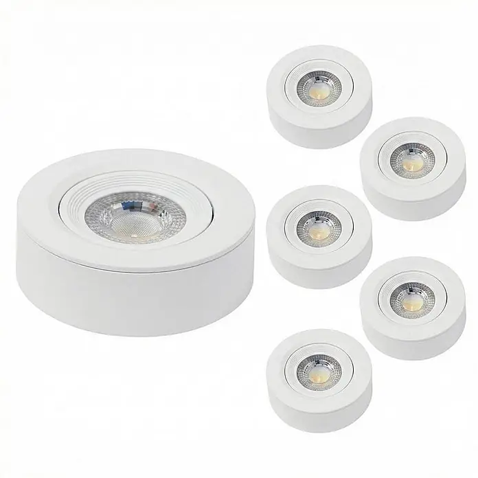 Luxula LED-Einbauleuchten-Set rund - 5 W, Weiß - Satz weißer, runder LED-Aufbauleuchten. Mit zentraler LED-Birne und weißem Gehäuse.