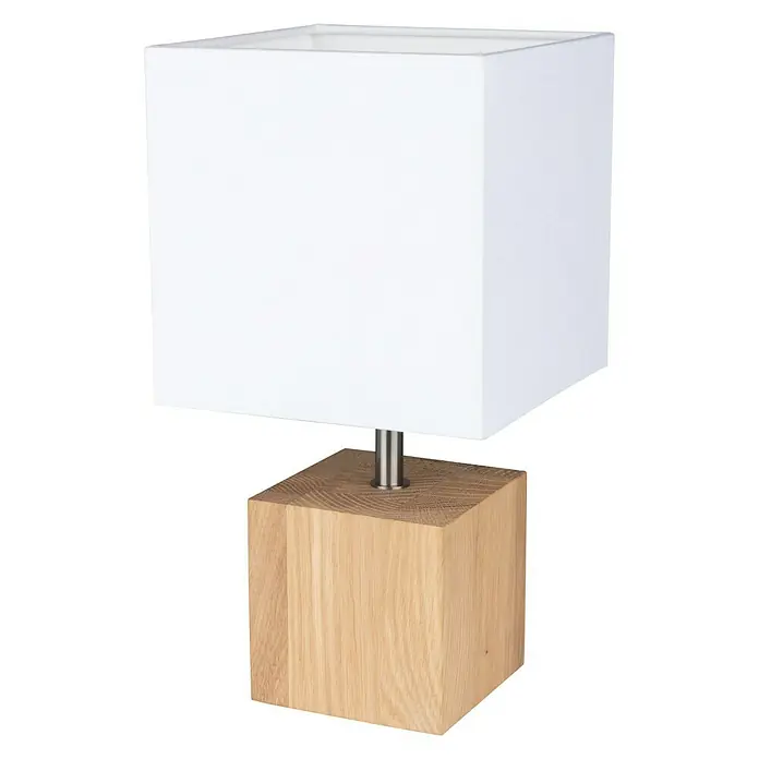 Spotlight Tischleuchte Square - 25 W, L x B x H: 15 x 15 x 30 cm, Eiche, Weiß, E27 - Kubische Tischleuchte mit Holzfuß und weißem Lampenschirm, ideal für moderne Innenräume.