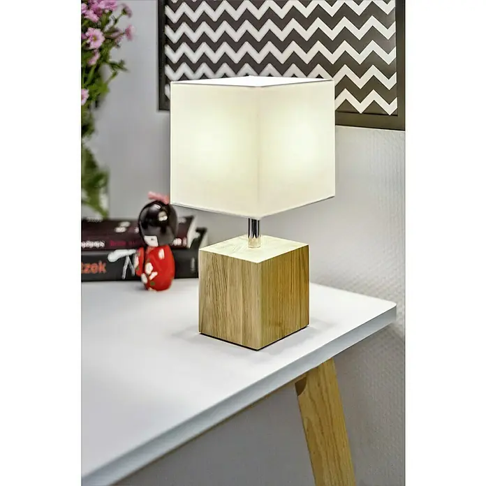 Spotlight Tischleuchte Square - 25 W, L x B x H: 15 x 15 x 30 cm, Eiche, Weiß, E27 - Quadratische Nachttischlampe mit Holzsockel und Stoffschirm, die ein warmes Licht verbreitet und eine gemütliche Atmosphäre schafft.