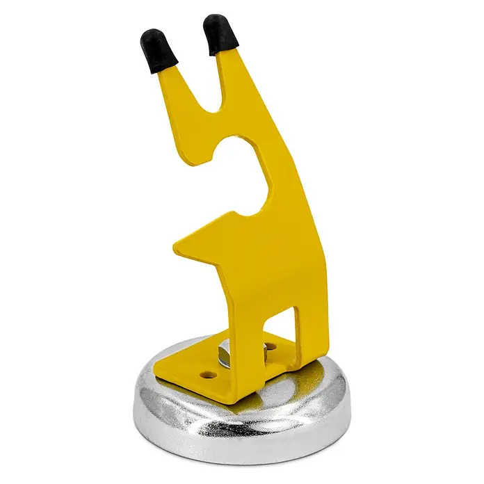 Gys Schweißbrenner-Halterung -  - Gelber magnetischer Halter mit silberner runder Basis und zwei Armen mit schwarzen Gummispitzen.